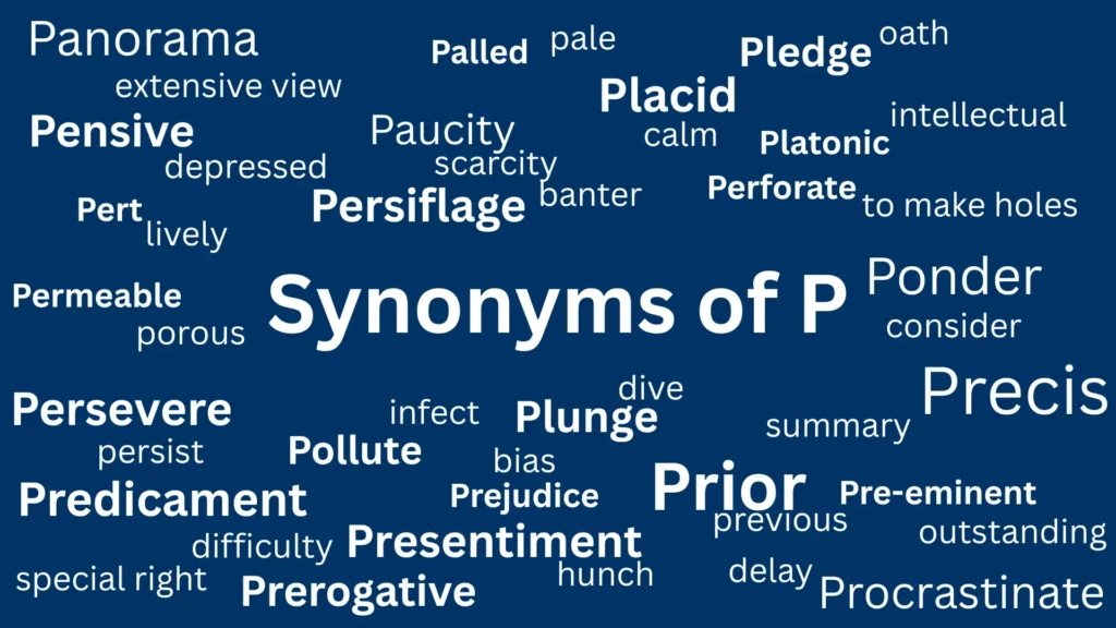 Synonyms of P 1 "Synonyms of P", Permeable, pert, pensive, paucity, placid, pledge, panorama, ponder, precis, prior, persevere, predicament
